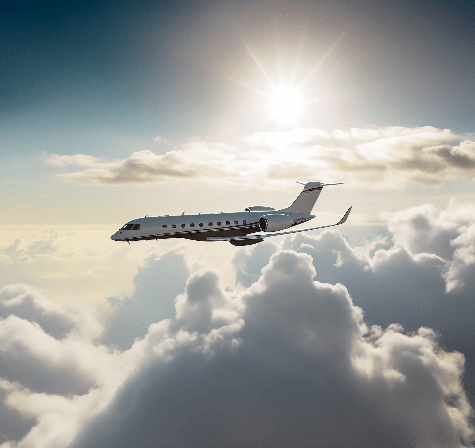 A Gulfstream G700 flying over clouds with a blue sky and sun in the background.